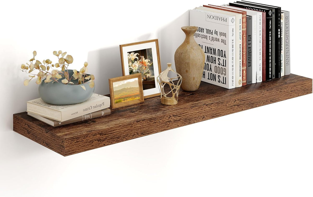 Heimlove 36 Inch Floating Shelves for Wall,10 Inch Deep Brown Wood Shelves with Invisible