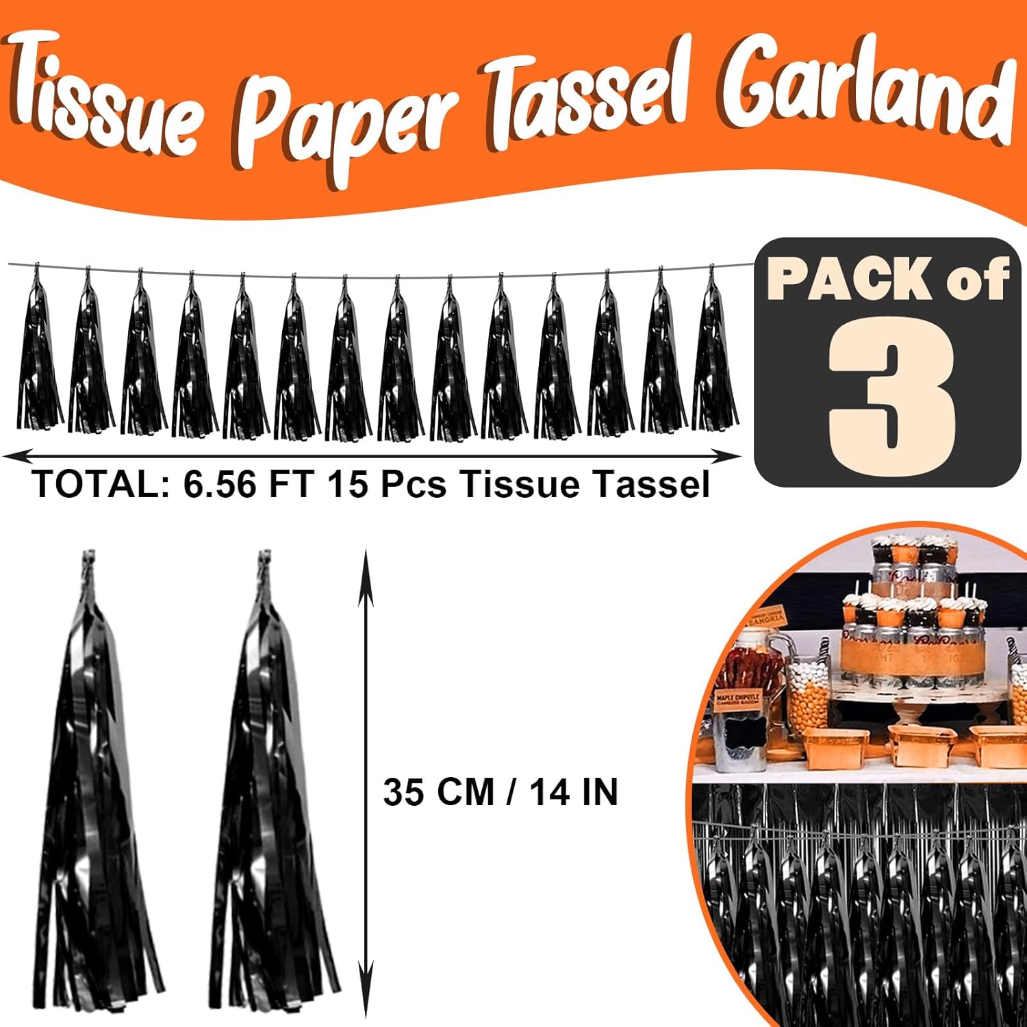 3P Black Foil Fringe Metallic Tassel Streamers Banner Tassel Garland for Parade Floats