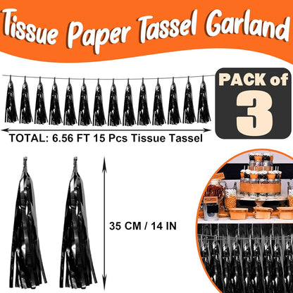 3P Black Foil Fringe Metallic Tassel Streamers Banner Tassel Garland for Parade Floats