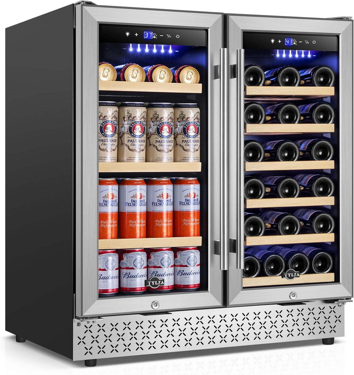 Tylza 30 Inch Wine and Beverage Refrigerator, Dual Zone Wine Beverage Cooler 30" with French Door