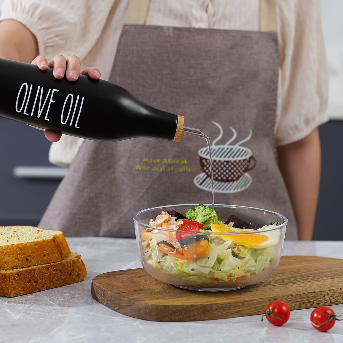 HOMCDALY Olive Oil and Vinegar Dispenser Set, Ceramic Oil and Vinegar Bottles with Bamboo Tray