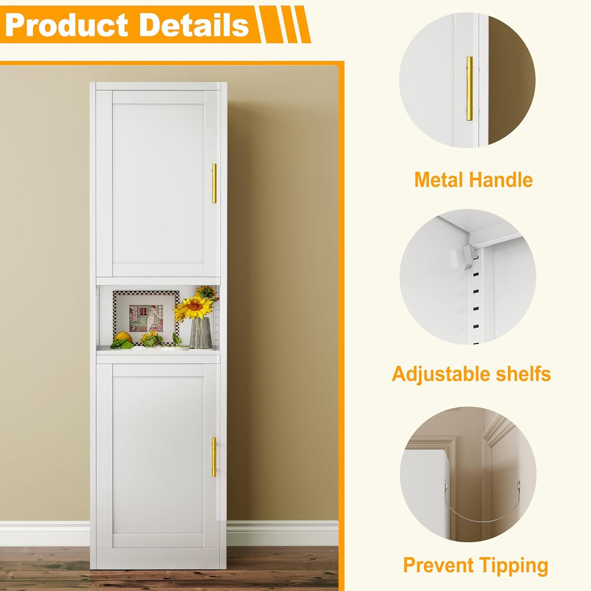 Tall Narrow Storage Cabinet 66.93" H Tall Bathroom Cabinet Metal Pantry Cabinets, 4 Adjustable