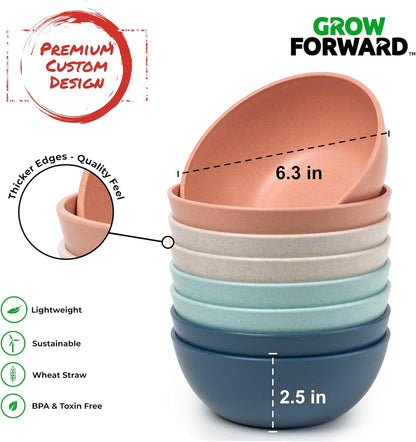 Grow Forward Premium Wheat Straw Bowls - 27oz Microwave Safe Plastic Cereal Bowls Set of 8 for