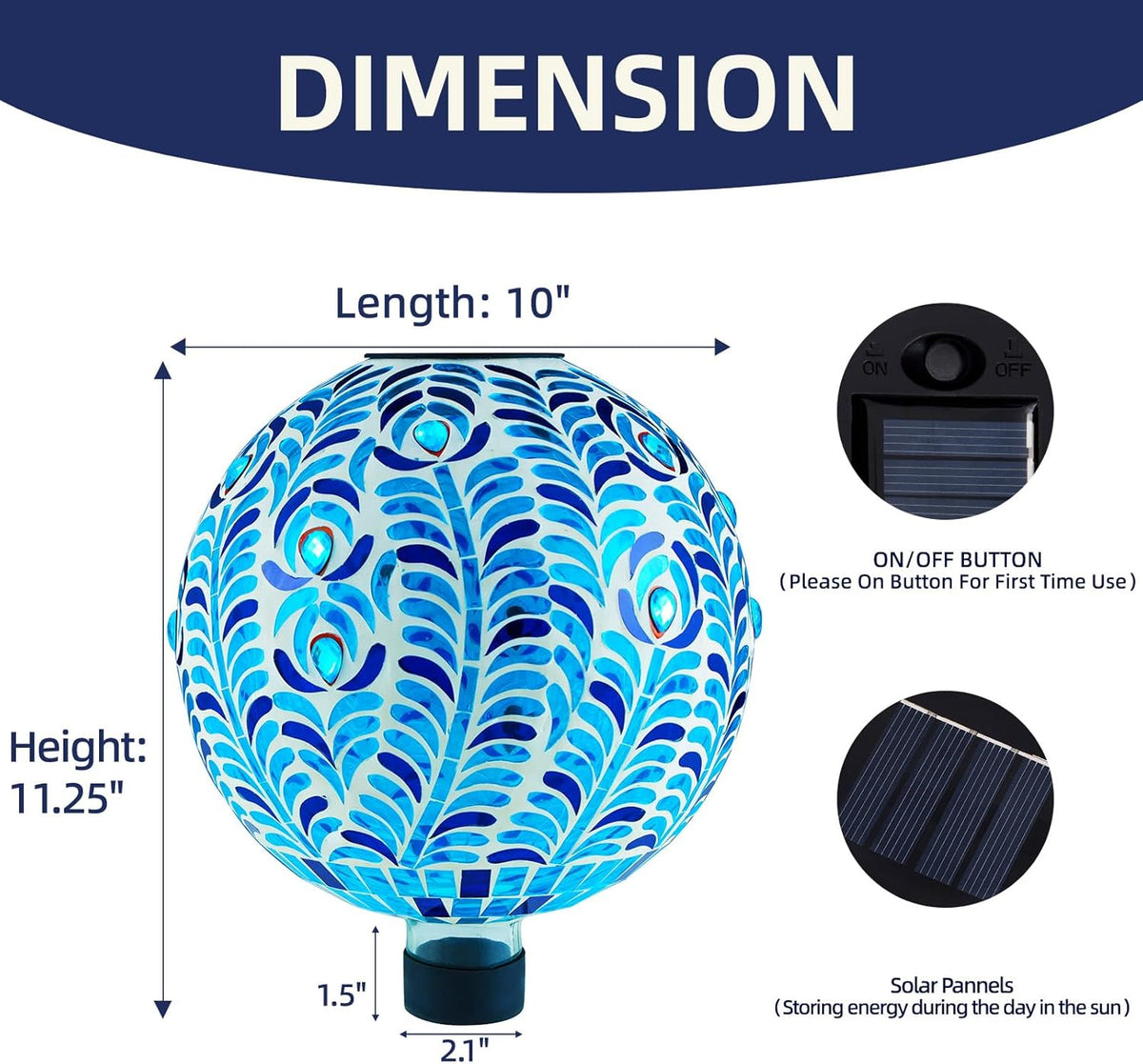 VOREEN Solar Gazing Ball, 10" Mosaic Glass Gazing Globe with Solar Light, Handmade Outdoor Yard