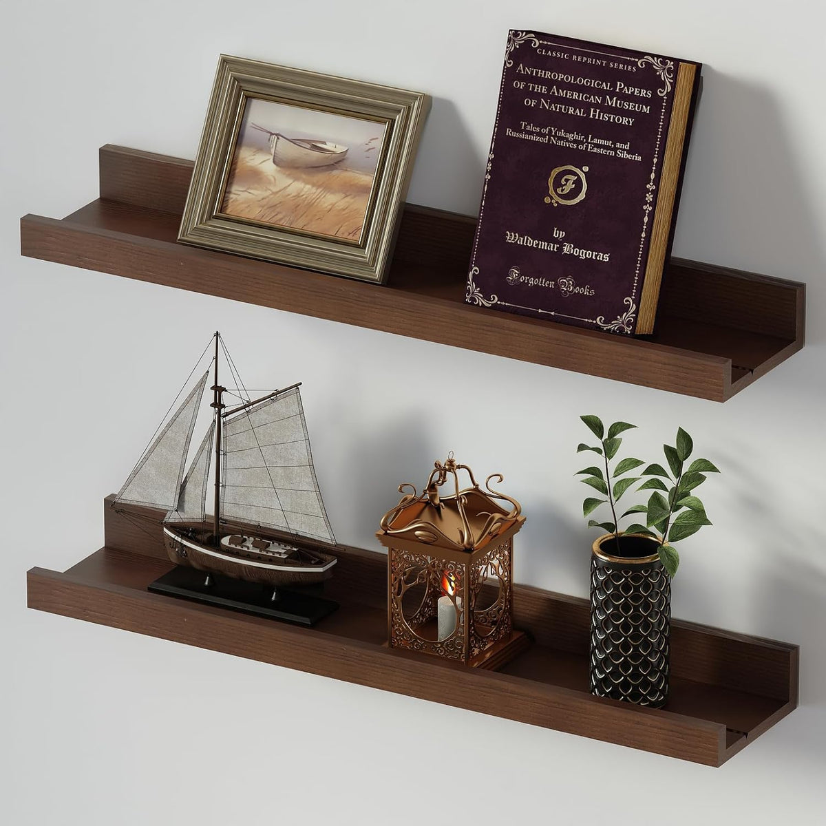 SAUMONIERES Picture Ledge Shelf Floating Book Shelves Set of 2 Wall Mounted Solid Wood for Bedroom