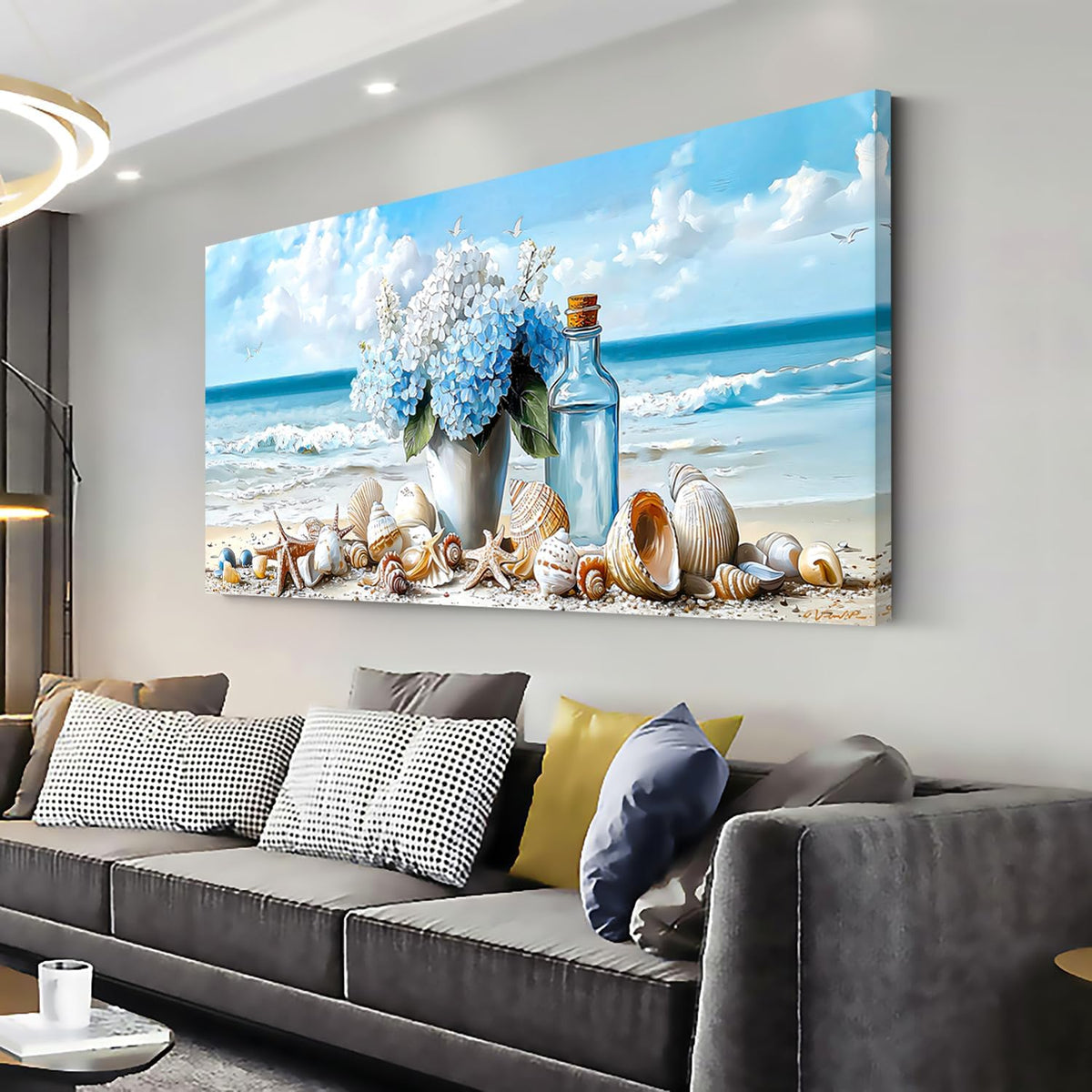 LASMOND Romantic Beach Wall Art for Living Room Blue Shells Conch Vase Canvas Prints Modern Large