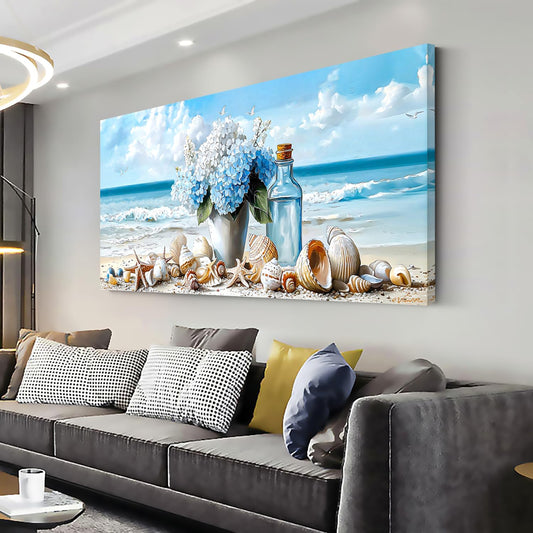 LASMOND Romantic Beach Wall Art for Living Room Blue Shells Conch Vase Canvas Prints Modern Large