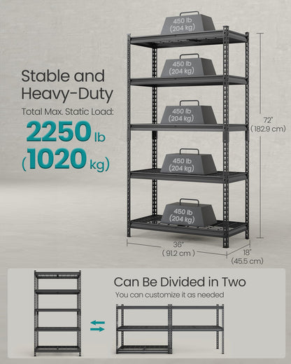SONGMICS 5-Tier Steel Storage Shelves, Boltless Assembly, 2,250 lb Load