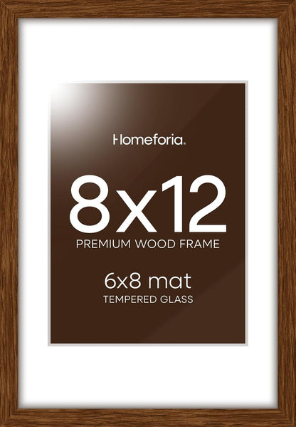 Homeforia 12x8 Picture Frame Brown, High End Dark Oak 8x12 Walnut Wooden Frames with Mat 6x8 Photo