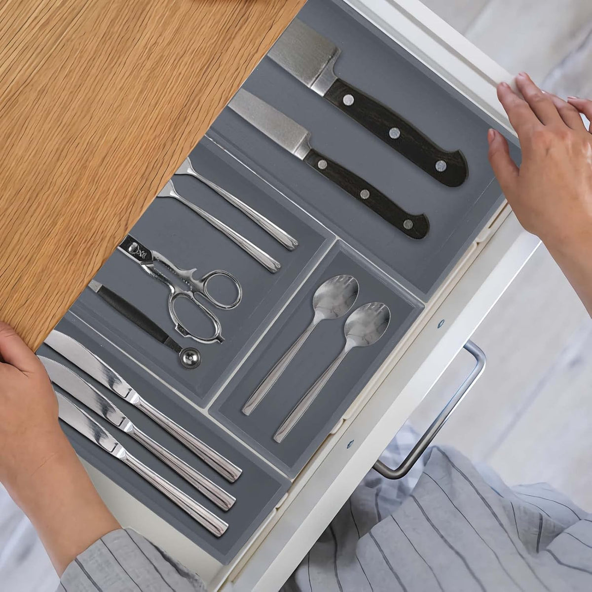 Bamboo Drawer Organizer - Kitchen Utensil Organizer Silverware Tray Cutlery Holder，Office Desk