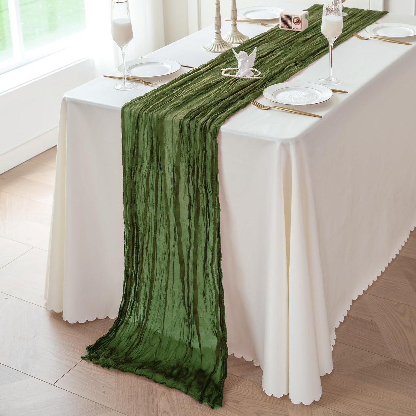 Sioloc 1 Pack Moss Green Cheesecloth Table Runner Fall Autumn Decor for Home 10ft Table Cloth for