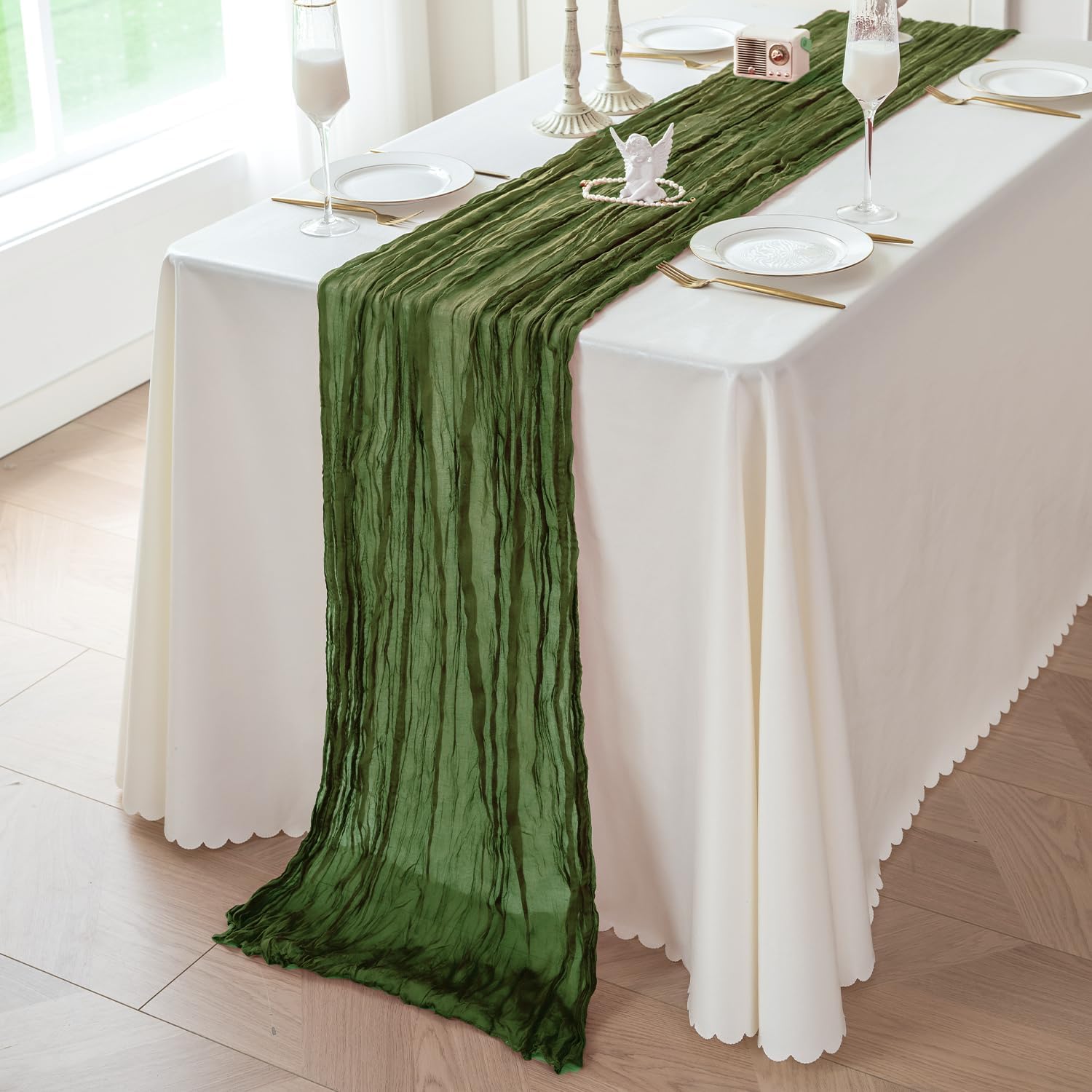 Sioloc 1 Pack Moss Green Cheesecloth Table Runner Fall Autumn Decor for Home 10ft Table Cloth for
