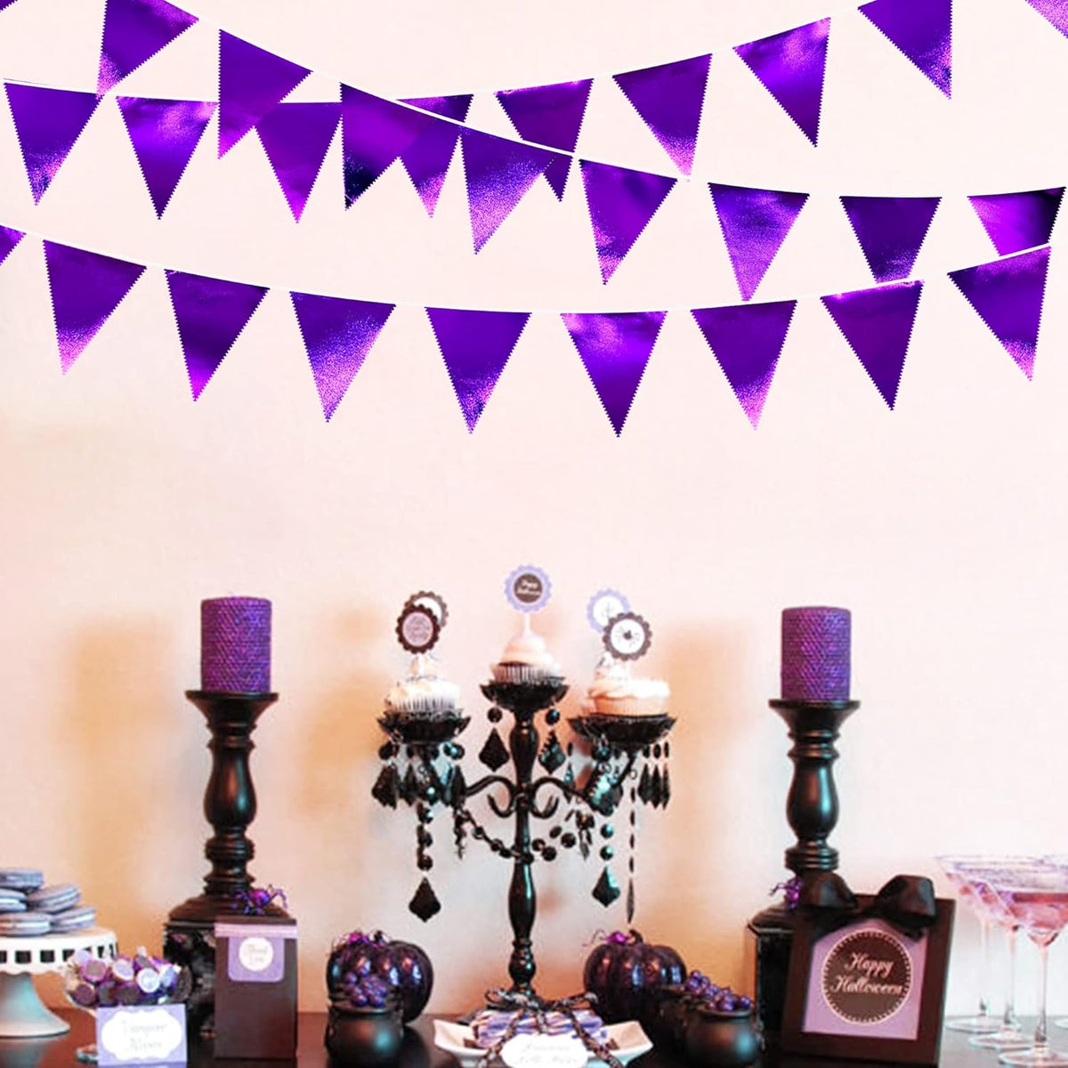 Purple Party Decorations Triangle Pennant Banner Flag Dark Purple Metallic Fabric Bunting Garland