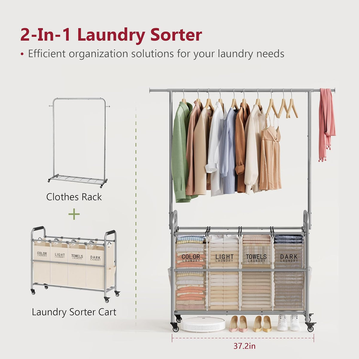 Tajsoon Laundry Hamper with Hanging Rack, Laundry Sorter 4 Sections, 4 Basket Butler with Lockable