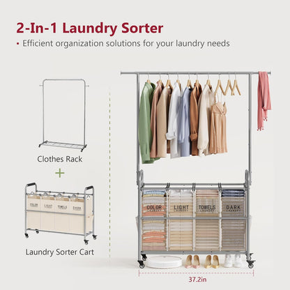 Tajsoon Laundry Hamper with Hanging Rack, Laundry Sorter 4 Sections, 4 Basket Butler with Lockable