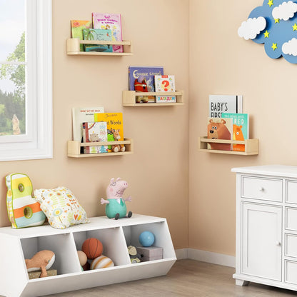Forbena Natural Wood Nursery Book Shelves Wall Mounted, Floating Bookshelf for Kids Room, Toys and