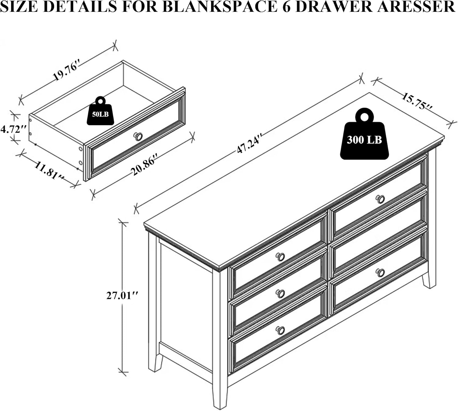 BLANKSPACE White 6 Drawer Dresser, Modern Dresser for Bedroom, Wood Drawer Organizer with Metal