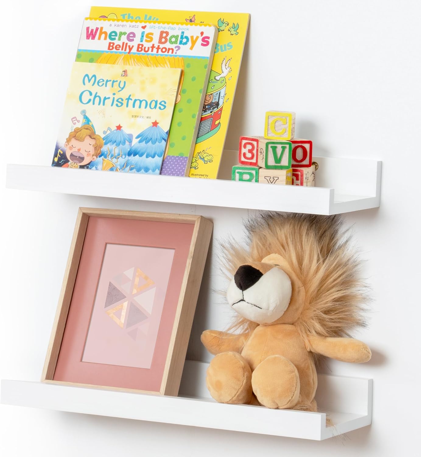 Picture Ledge Shelf for Wall, 16 inch Solid Pine Wood Nursery Book Shelves 2 Packs, Floating Ledge