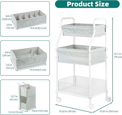 Moteph Rolling Utility Cart with Side Storage - Diaper Organizer, Nursery Essentials, and Craft