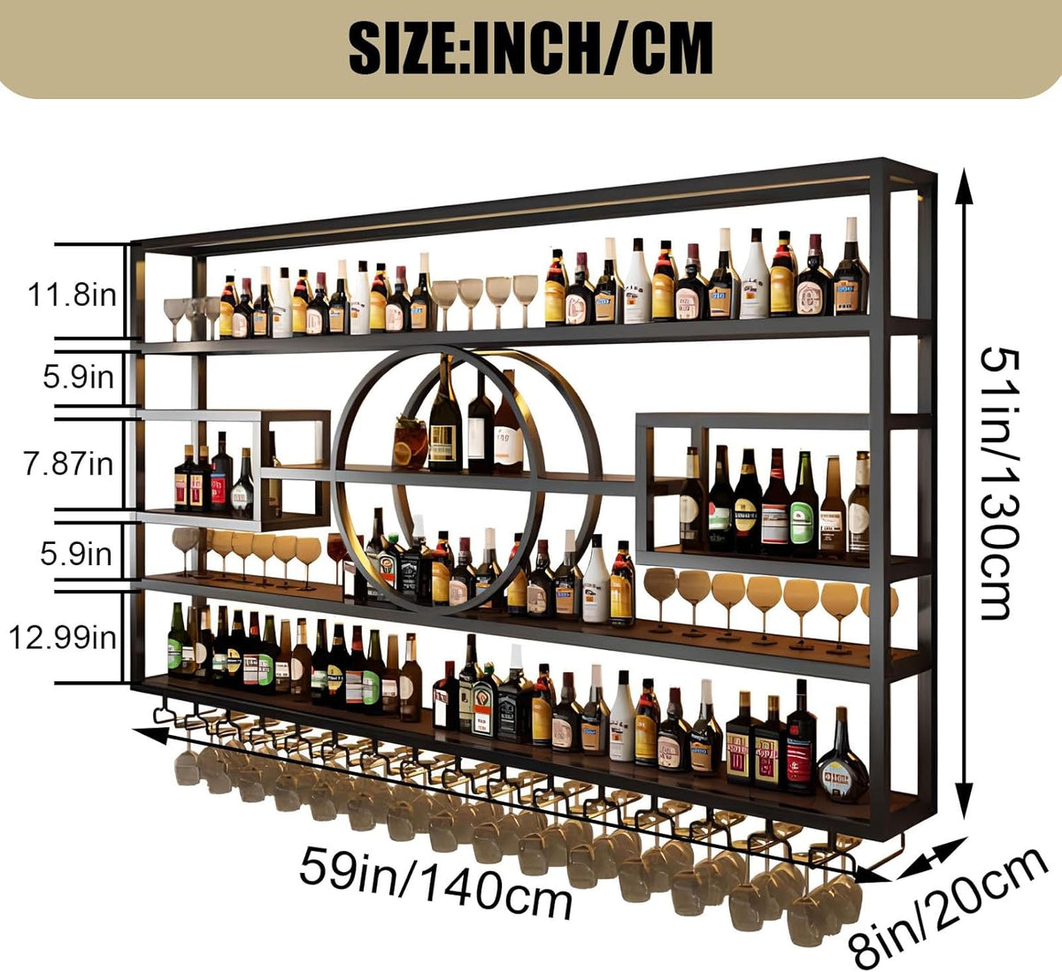 55.1in Wall Mounted Wine Rack, Modern Metal Wine Bottle and Glass Holder, Iron Display Stand