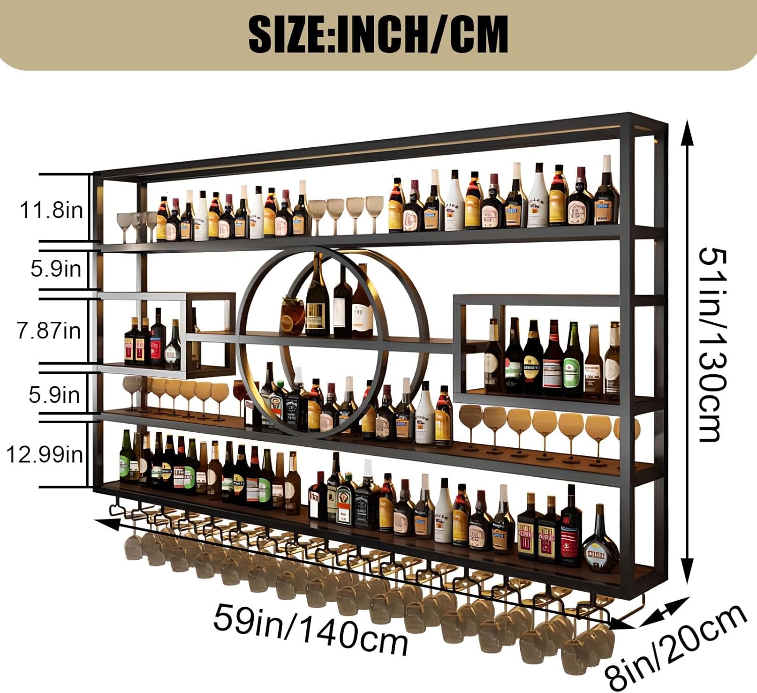 55.1in Wall Mounted Wine Rack, Modern Metal Wine Bottle and Glass Holder, Iron Display Stand