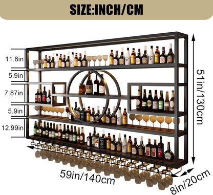 55.1in Wall Mounted Wine Rack, Modern Metal Wine Bottle and Glass Holder, Iron Display Stand