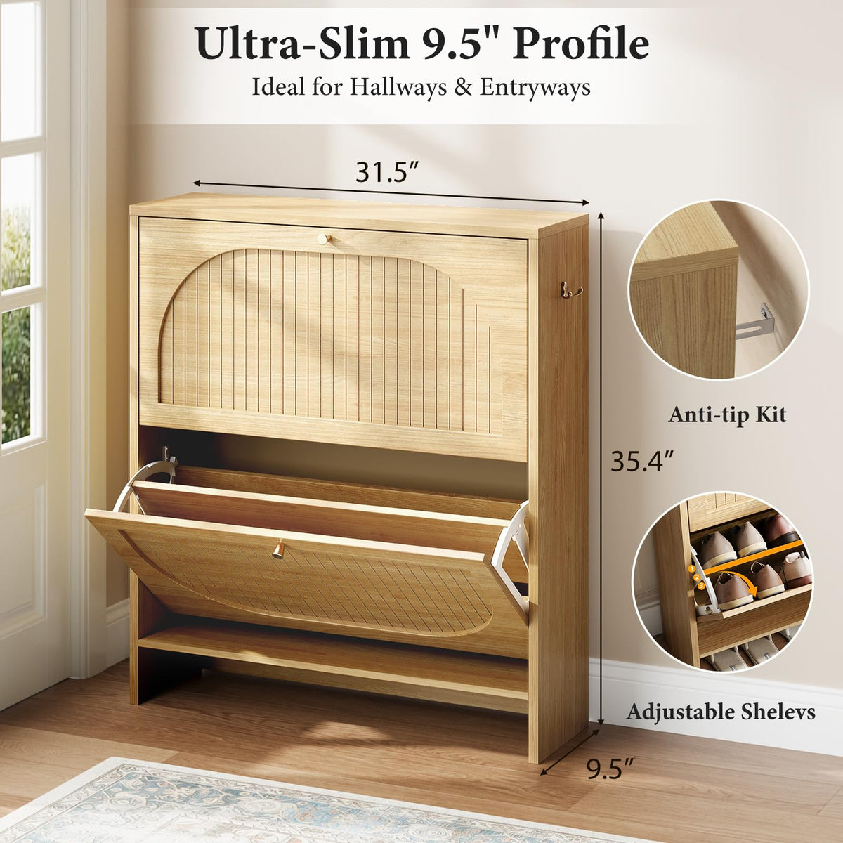 Nicetree Arch-Chic Shoe Cabinet for Entryway, Modern Mid-Century Shoe Storage Cabinet with Fluted