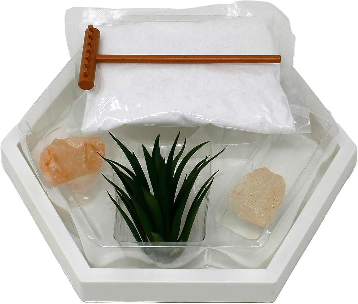 Nature's Mark Mini Zen Garden Kit for Desk with White Sand, Rake, White Base, Salt Rock and Air