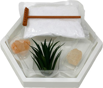 Nature's Mark Mini Zen Garden Kit for Desk with White Sand, Rake, White Base, Salt Rock and Air