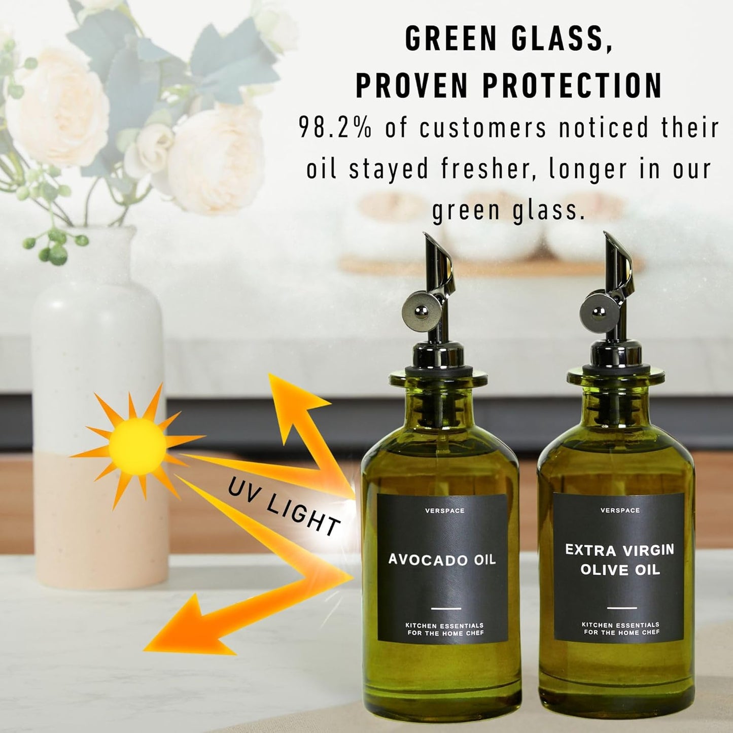 Green Glass Olive Oil Dispenser Bottle For Kitchen By Verpsace,Avocado Oil Dispenser Set, Modern