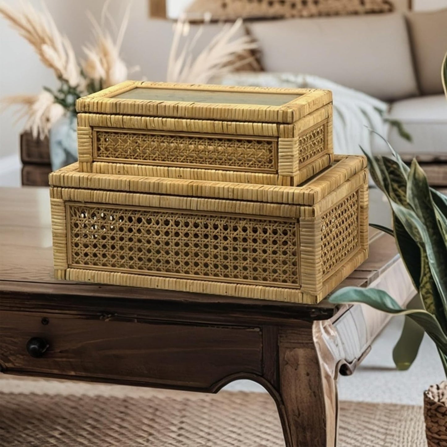 Rattan Box for Home Decor with Lid - Rectangular Coastal Bohemian Style Stackable Decorative