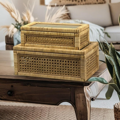 Rattan Box for Home Decor with Lid - Rectangular Coastal Bohemian Style Stackable Decorative