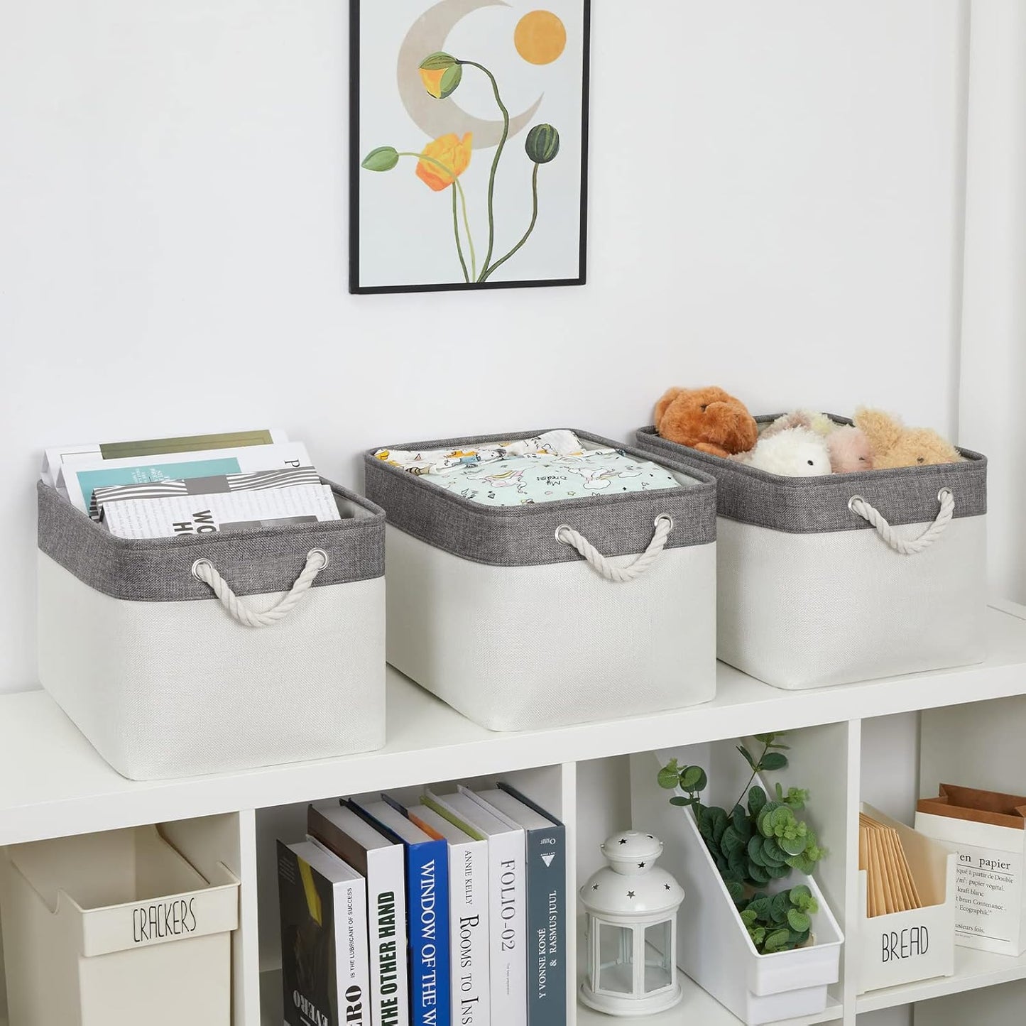 Bidtakay White Baskets with Cotton Rope Handles Decorative Storage Bins [3-pack] Fabric Bins for
