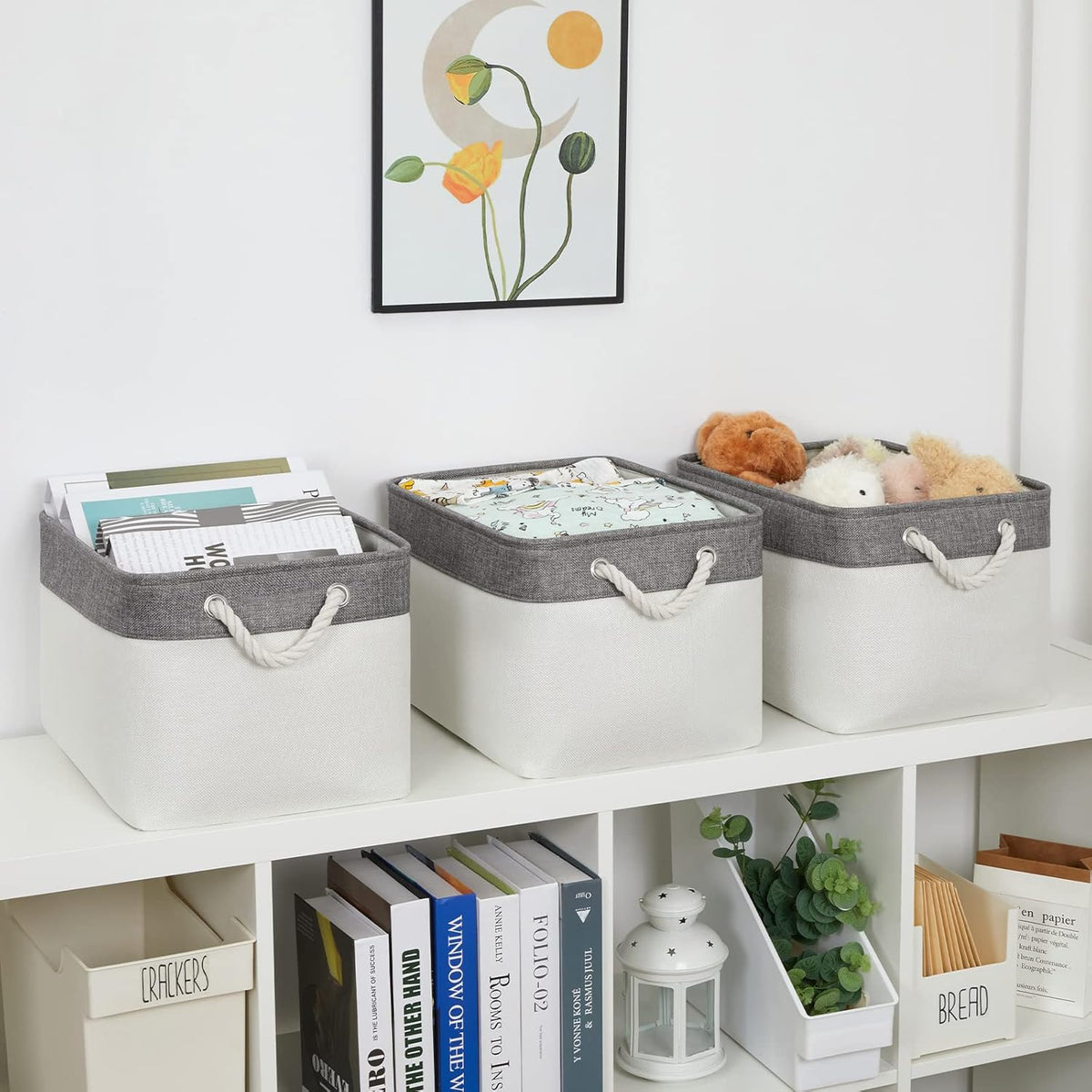Bidtakay White Baskets with Cotton Rope Handles Decorative Storage Bins [3-pack] Fabric Bins for