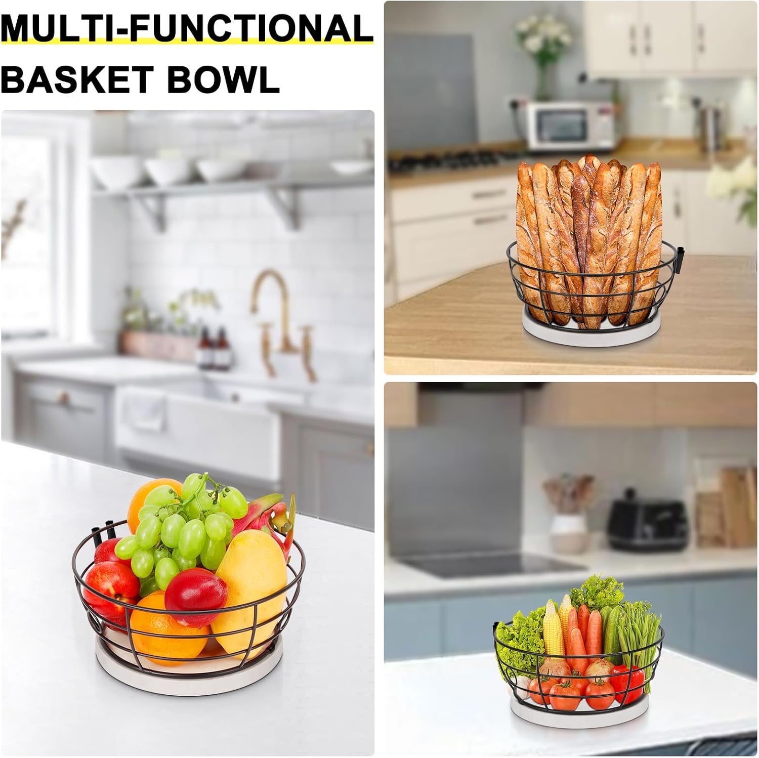 Livabber Countertop Fruit Basket Bowl with Banana Hanger, Modern Standing Fruit Vegetable Bowl