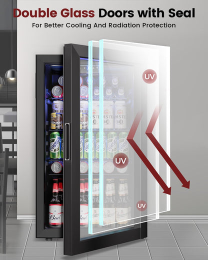 Wine Cooler Refrigerator - 26 Bottle 126 Can Mini Wine Fridge with Glass Door for Beer Soda Water