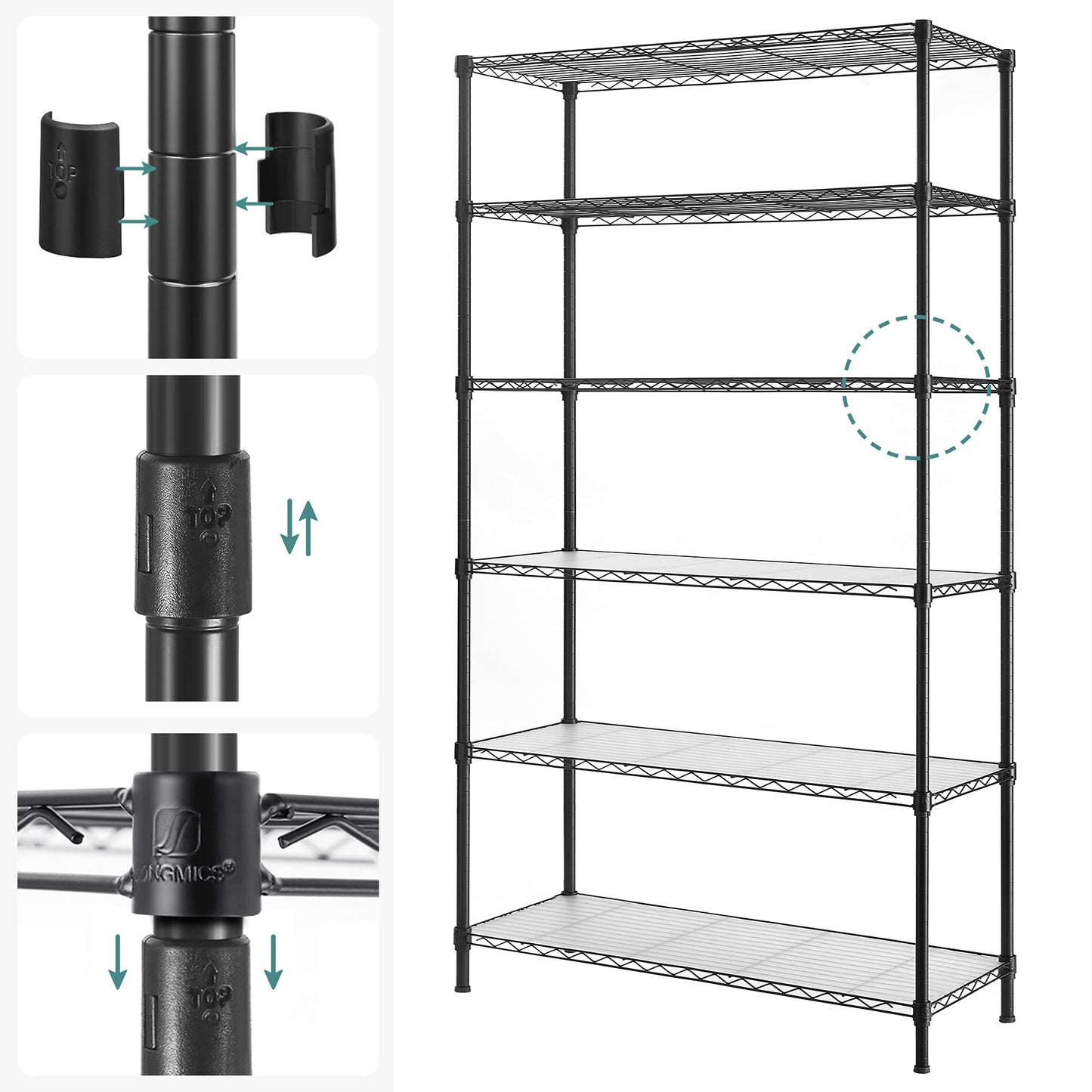 SONGMICS 6-Tier Storage Shelves, Wire Shelving Unit, Kitchen Metal Shelves, Storage Rack with