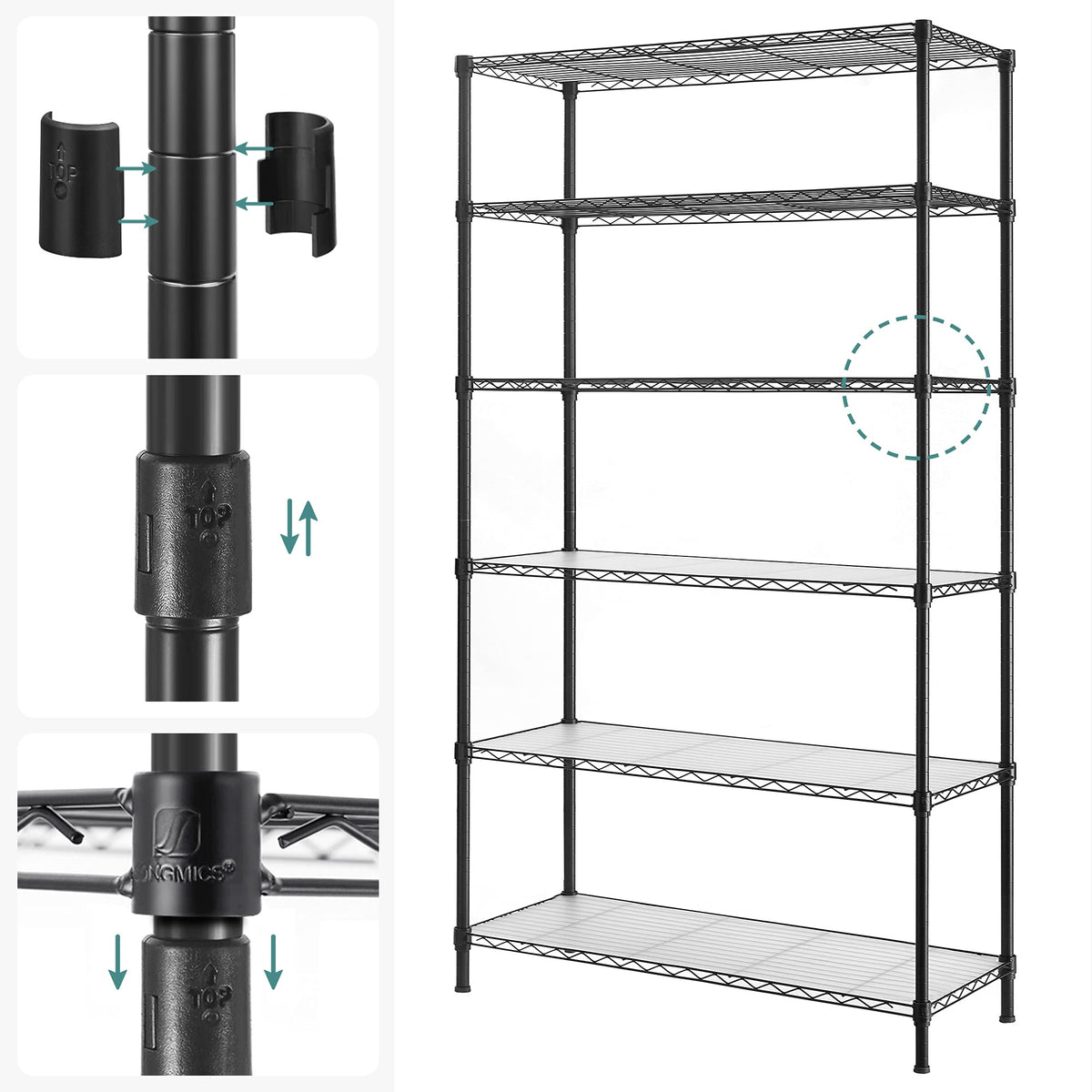 SONGMICS 6-Tier Storage Shelves, Wire Shelving Unit, Kitchen Metal Shelves, Storage Rack with