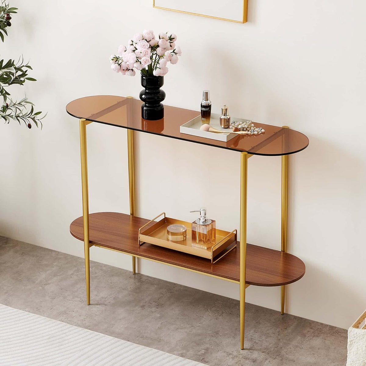 Oval Glass Console Table for Living Room, Foyer & Entrance, 2-Tiers Mid-Century Modern Sofa Table