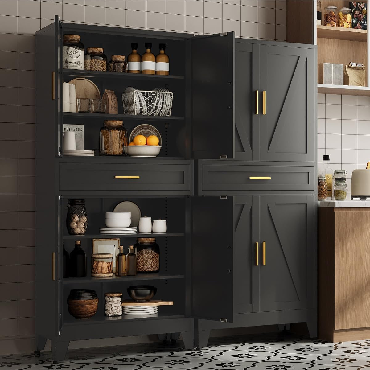 71 "Farmhouse Metal Filing Cabinet with a Drawer and 4 Adjustable Shelves, with 4 Large barn Door