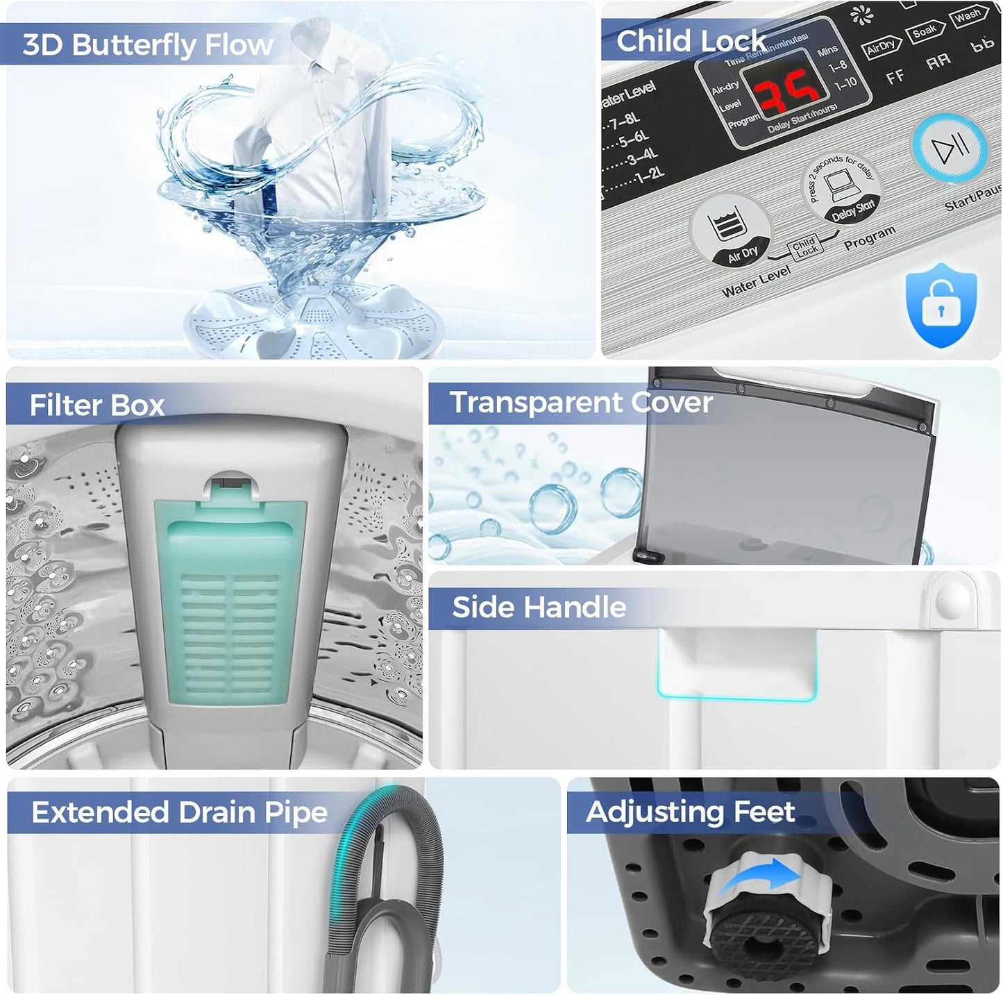Nictemaw Portable Washing Machine 20Lbs Capacity 2.8 Cu.ft Portable Washer and Dryer Combo with 10