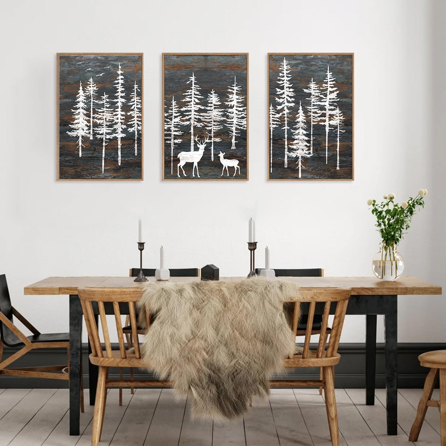 Modern White Forest Framed Canvas Wall Art Set, Minimalist Woodland Art Painting, Retro Tree