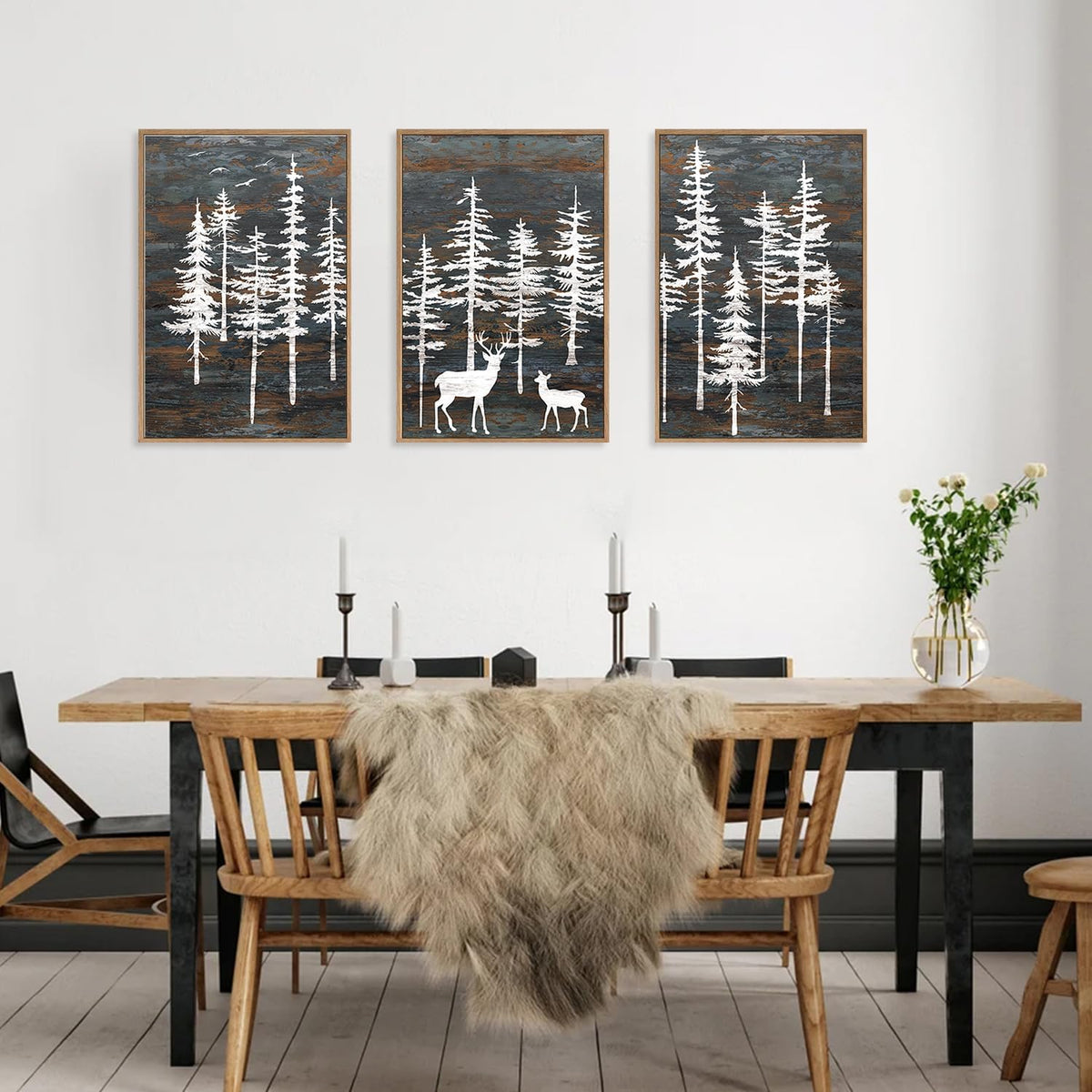 Modern White Forest Framed Canvas Wall Art Set, Minimalist Woodland Art Painting, Retro Tree