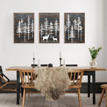 Modern White Forest Framed Canvas Wall Art Set, Minimalist Woodland Art Painting, Retro Tree