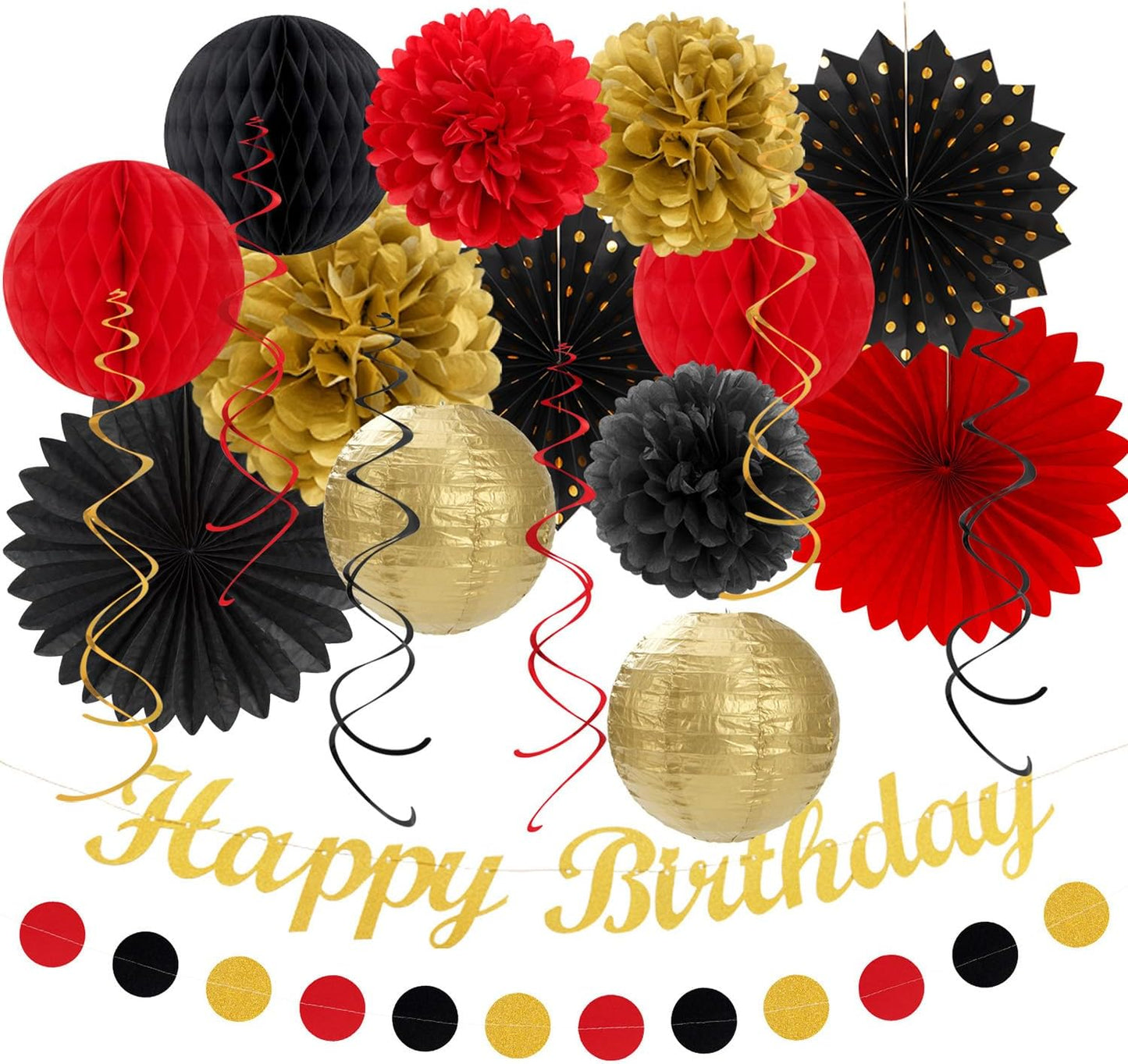 Red-Black Gold Casino-Theme Birthday Party-Decorations - 21pcs Happy Banner,Game Night Paper