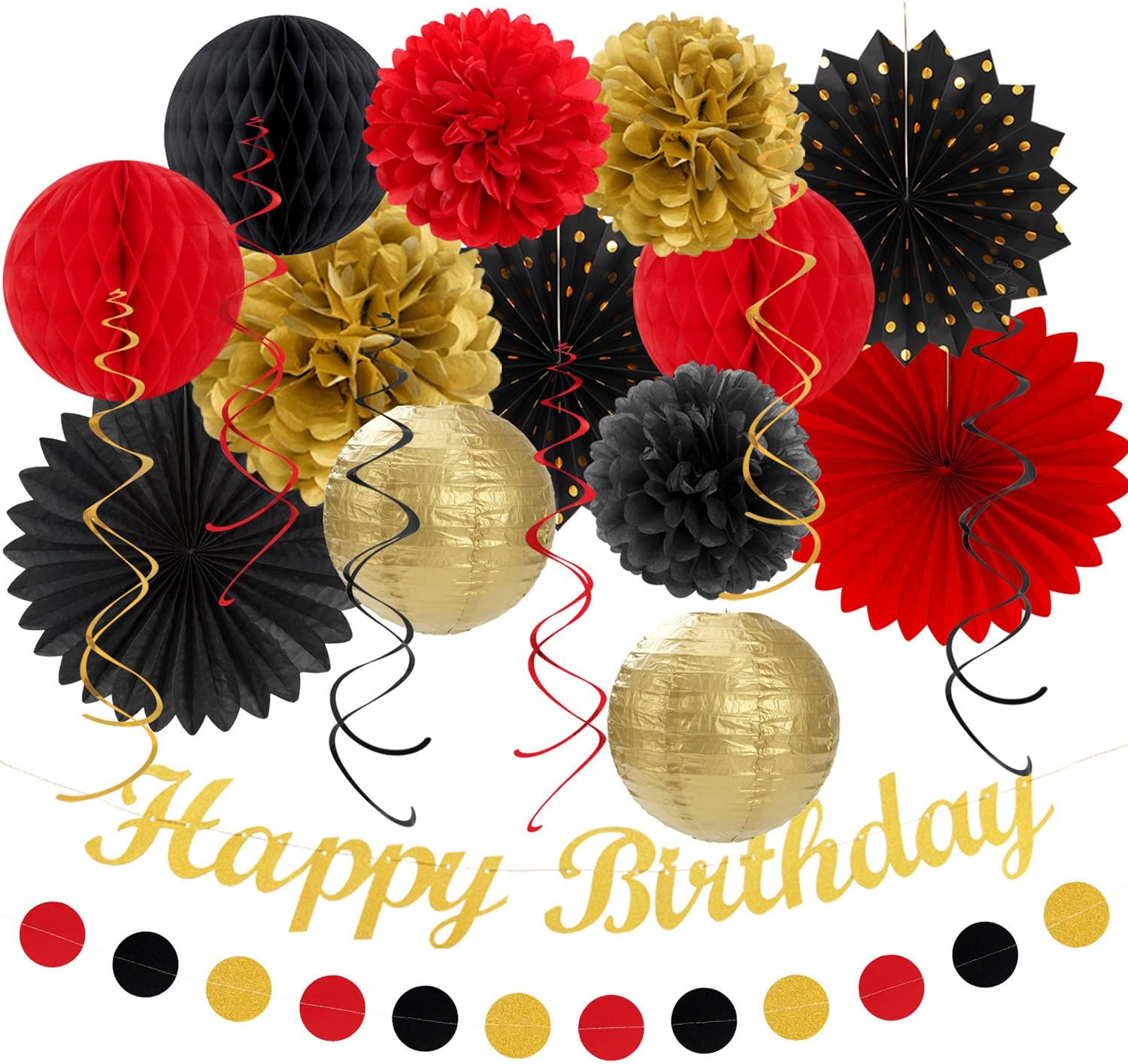 Red-Black Gold Casino-Theme Birthday Party-Decorations - 21pcs Happy Banner,Game Night Paper