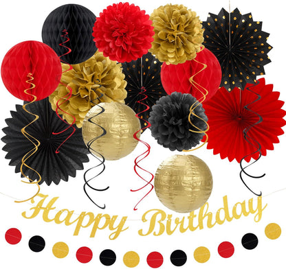 Red-Black Gold Casino-Theme Birthday Party-Decorations - 21pcs Happy Banner,Game Night Paper