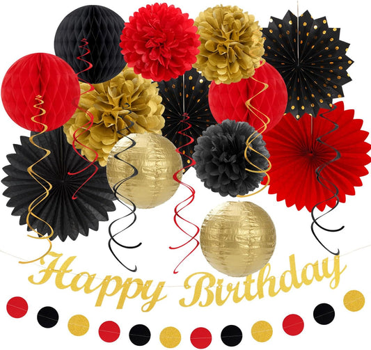 Red-Black Gold Casino-Theme Birthday Party-Decorations - 21pcs Happy Banner,Game Night Paper