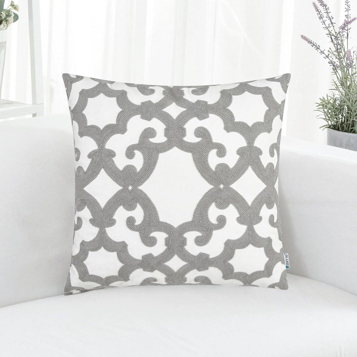 HWY 50 Grey Gray Decorative Throw Pillow Covers 18x18 Inch (1 Piece), Embroidered Cotton Farmhouse
