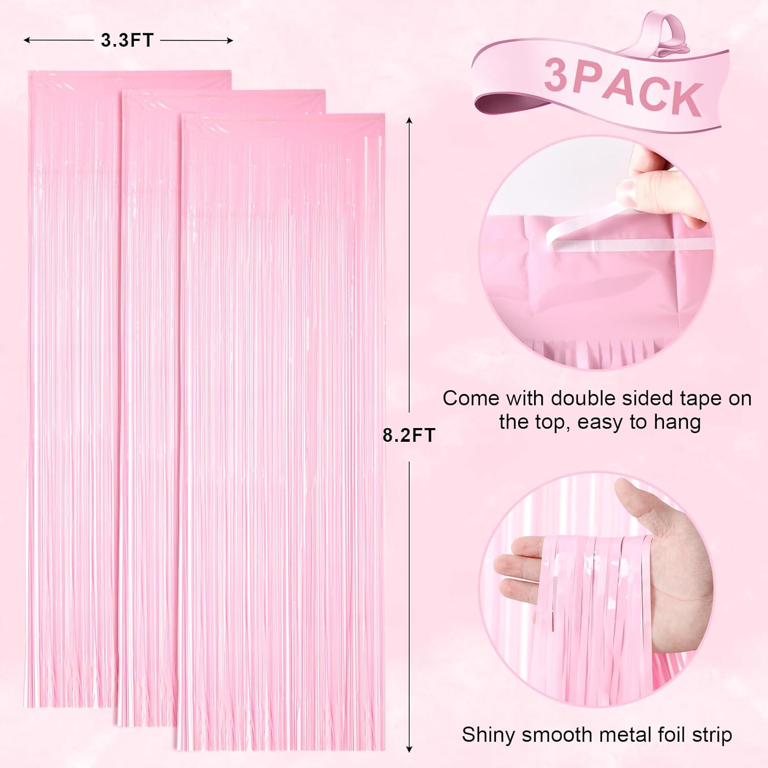 3 Pack 3.3 x 8.2 ft Pasel Pink Foil Fringe Backdrop Curtains, Tinsel Streamers Birthday Party